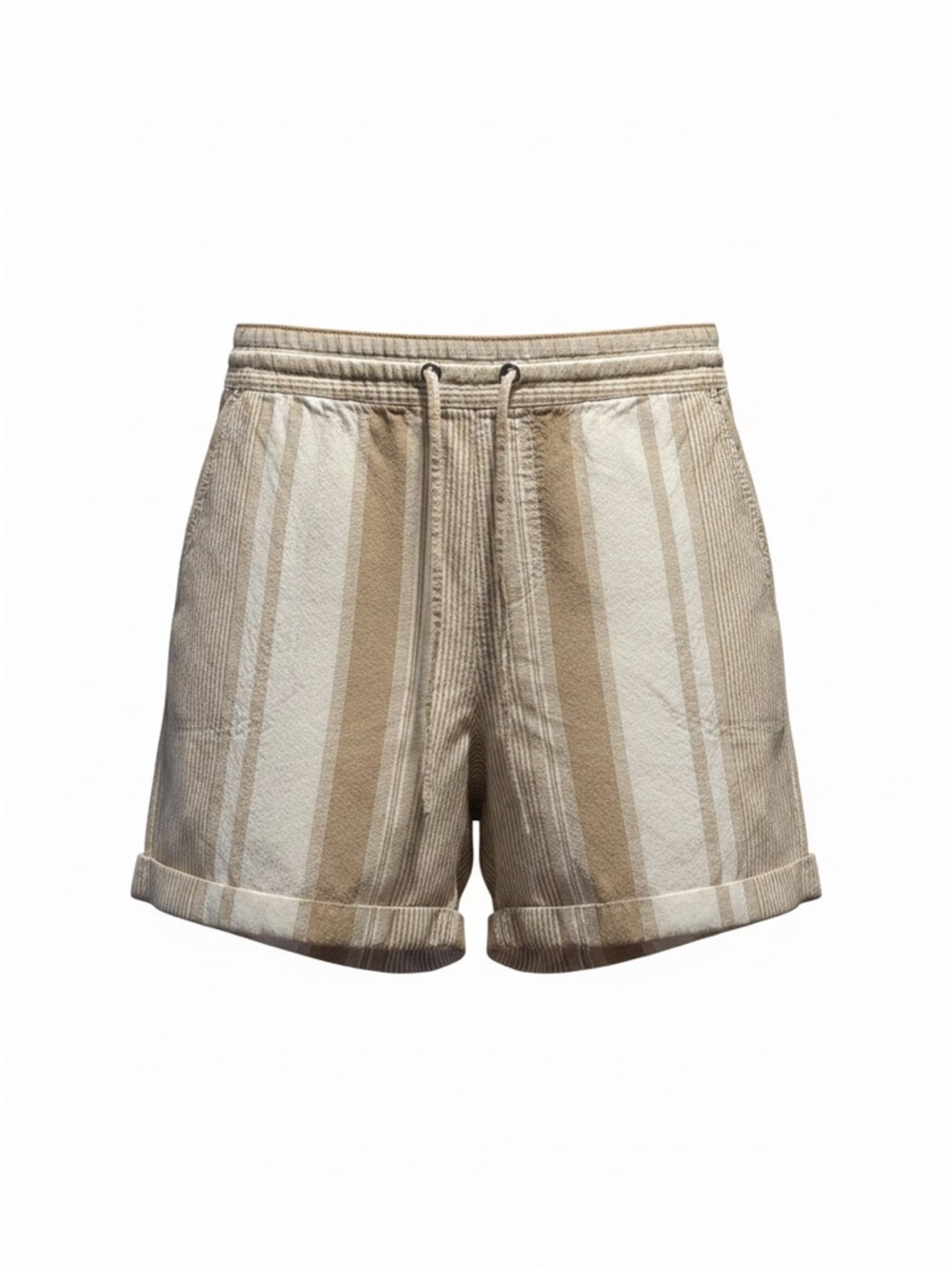 Per Se Striped Drawstring Bermuda Shorts in Beige and Cream